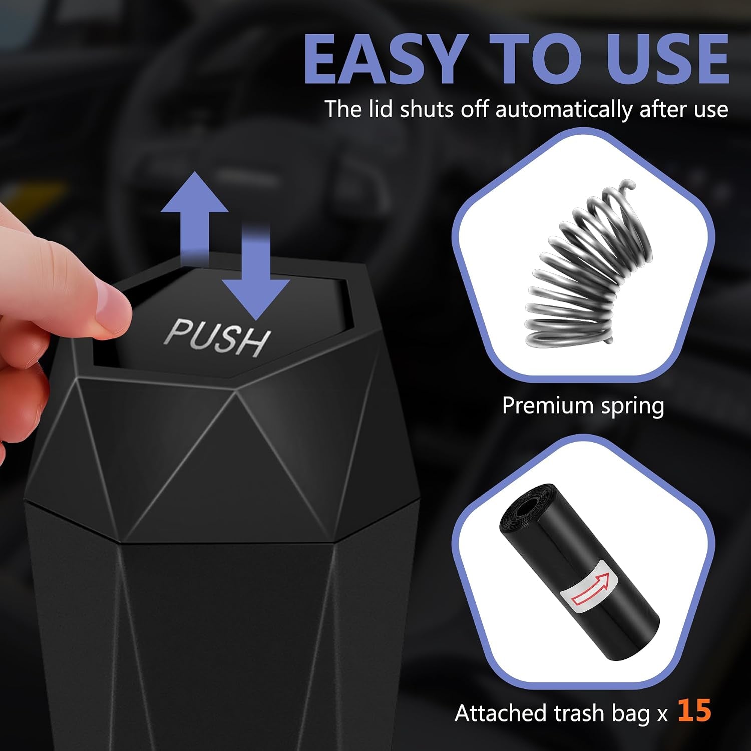 Car Trash Can with Lid, Leakproof, 15 Trash Bags, Black, 1 Pack