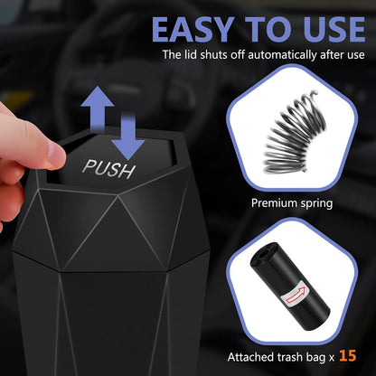Car Trash Can with Lid, Leakproof, 15 Trash Bags, Black, 1 Pack