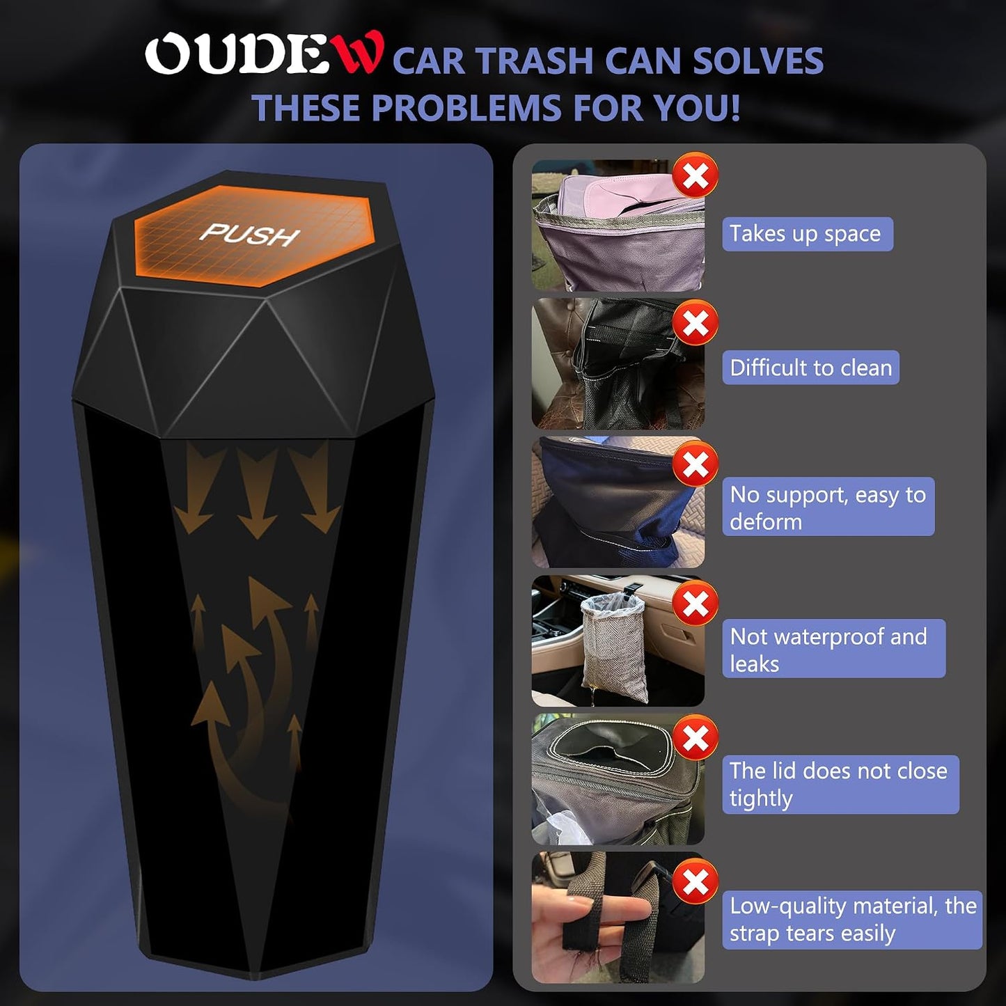 Car Trash Can with Lid, Leakproof, 15 Trash Bags, Black, 1 Pack