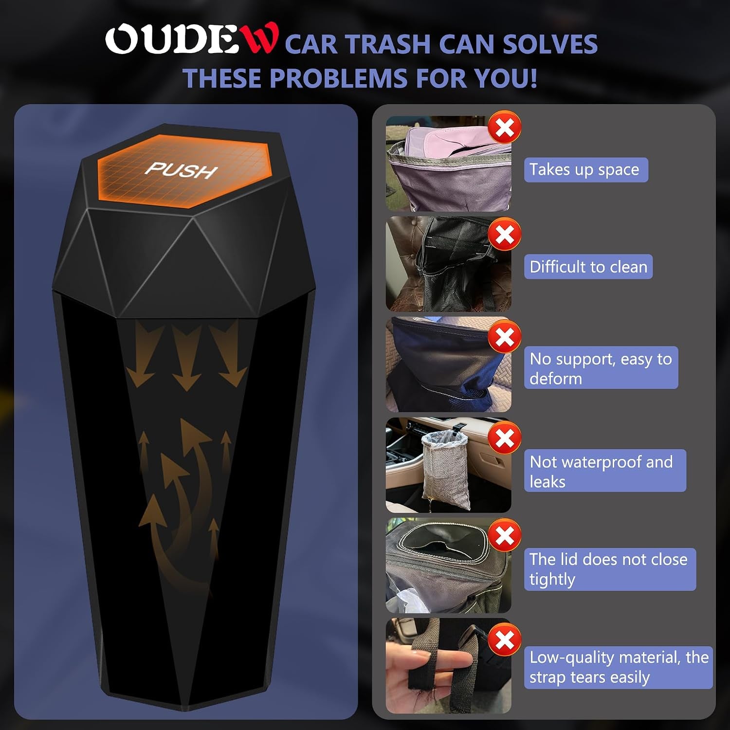 Car Trash Can with Lid, Leakproof, 15 Trash Bags, Black, 1 Pack
